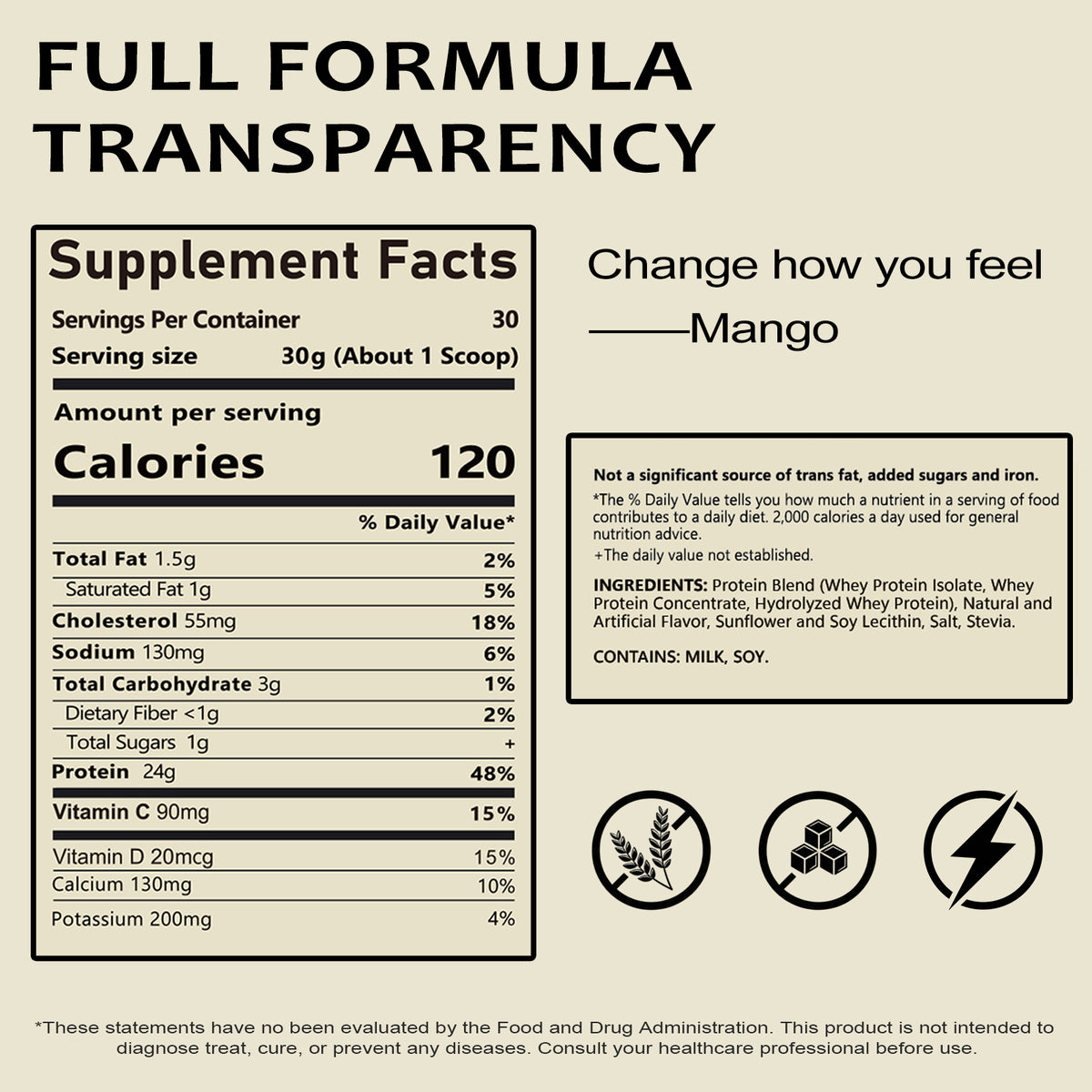 VYHTHY Titan Power Whey Protein Powder – Mango | 24g Protein, 5.5g BCAA, 11g EAA per Scoop | Whey Isolate Primary, Low Carb, No Added Sugar | 2 LB (30 Servings)