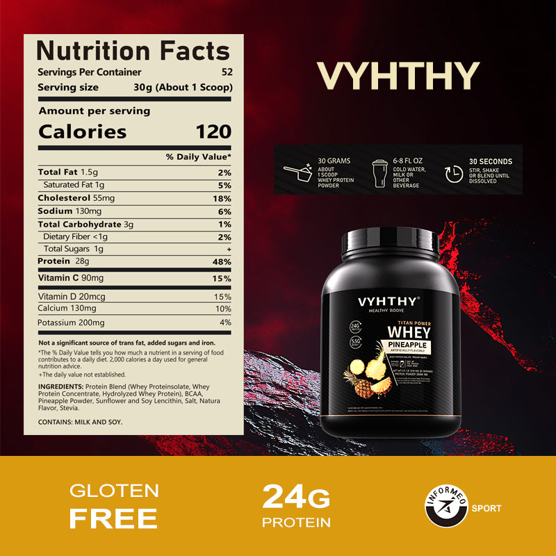 VYHTHY Pineapple Flavored Flavored Whey Protein Powder - 24g Protein per Serving - Suitable for pre- and Post-Workout Supplementation - Low Lactose, Gluten-Free, Natural Flavor (56 oz) - 52 Servings