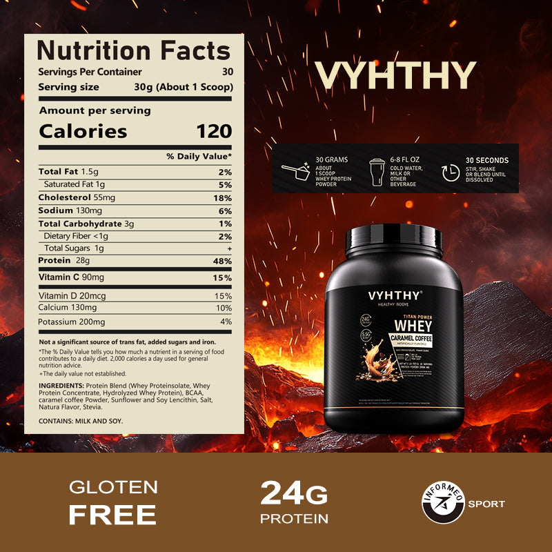 VYHTHY Caramel Coffee Flavored Whey Protein Powder - 24g Protein per Serving - Suitable for pre- and Post-Workout Supplementation - Low Lactose, Gluten-Free, Natural Flavor (36 oz) - 30 Servings