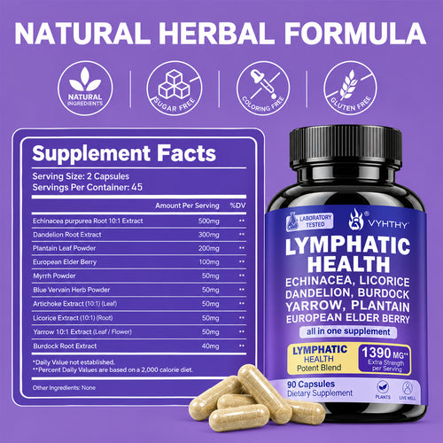 Lymphatic Drainage Support Supplement – 1390mg Herbal Cleanse with Echinacea, Dandelion, Burdock & Elderberry | Immune & Detox Support | 90 Capsules by VYHTHY