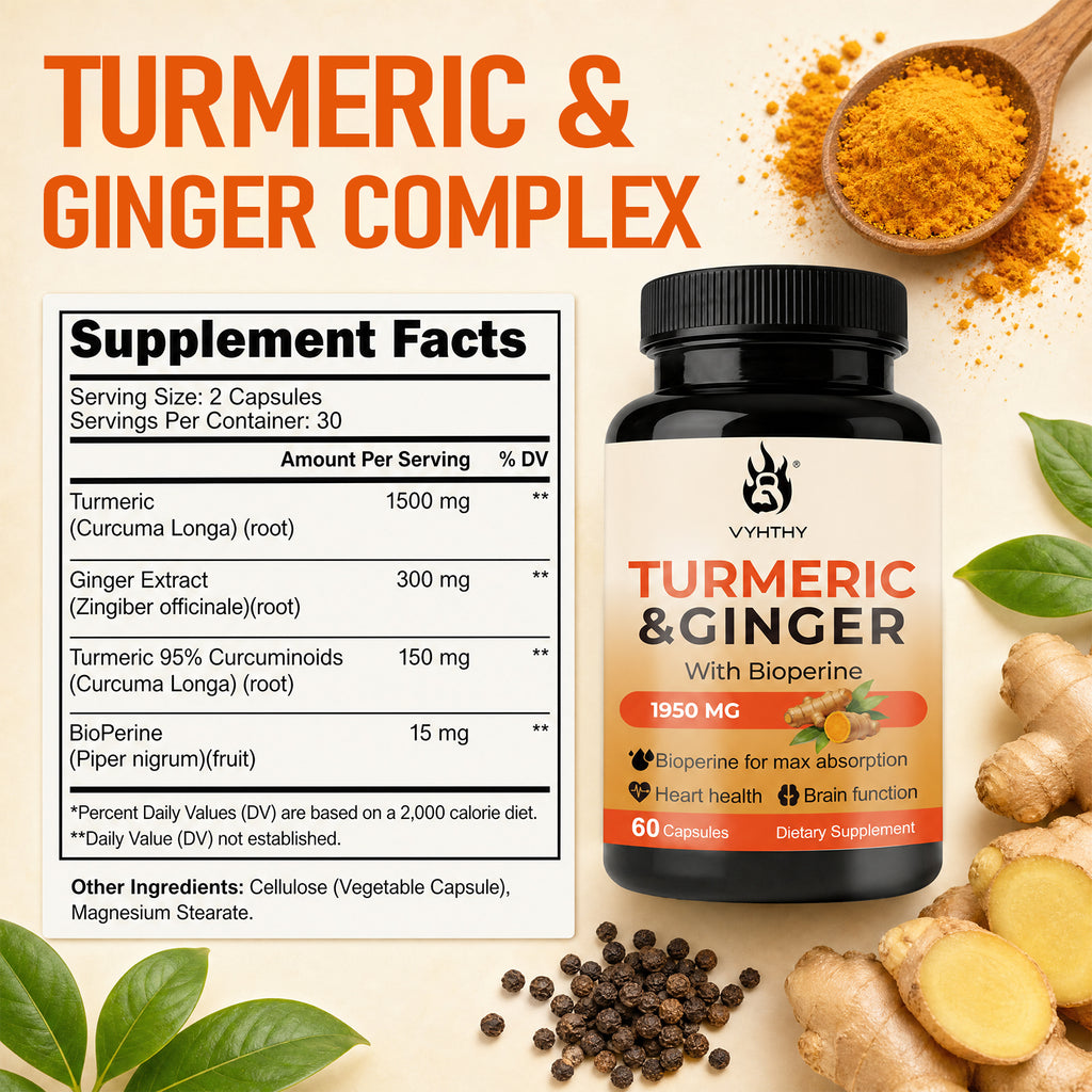 VYHTHY Turmeric Ginger Supplement with Bioperine, 1950mg Per Serving, 95% Curcuminoids Extract, Supports Joint Comfort, Heart & Brain Health, Immune Support, Easy-to-Swallow Vegan Capsules, 60 Count