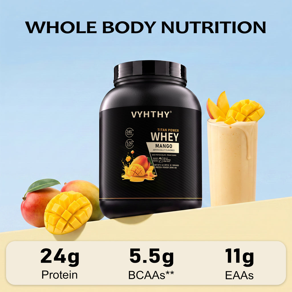 VYHTHY Titan Power Whey Protein Powder – Mango | 24g Protein, 5.5g BCAA, 11g EAA per Scoop | Whey Isolate Primary, Low Carb, No Added Sugar | 2 LB (30 Servings)