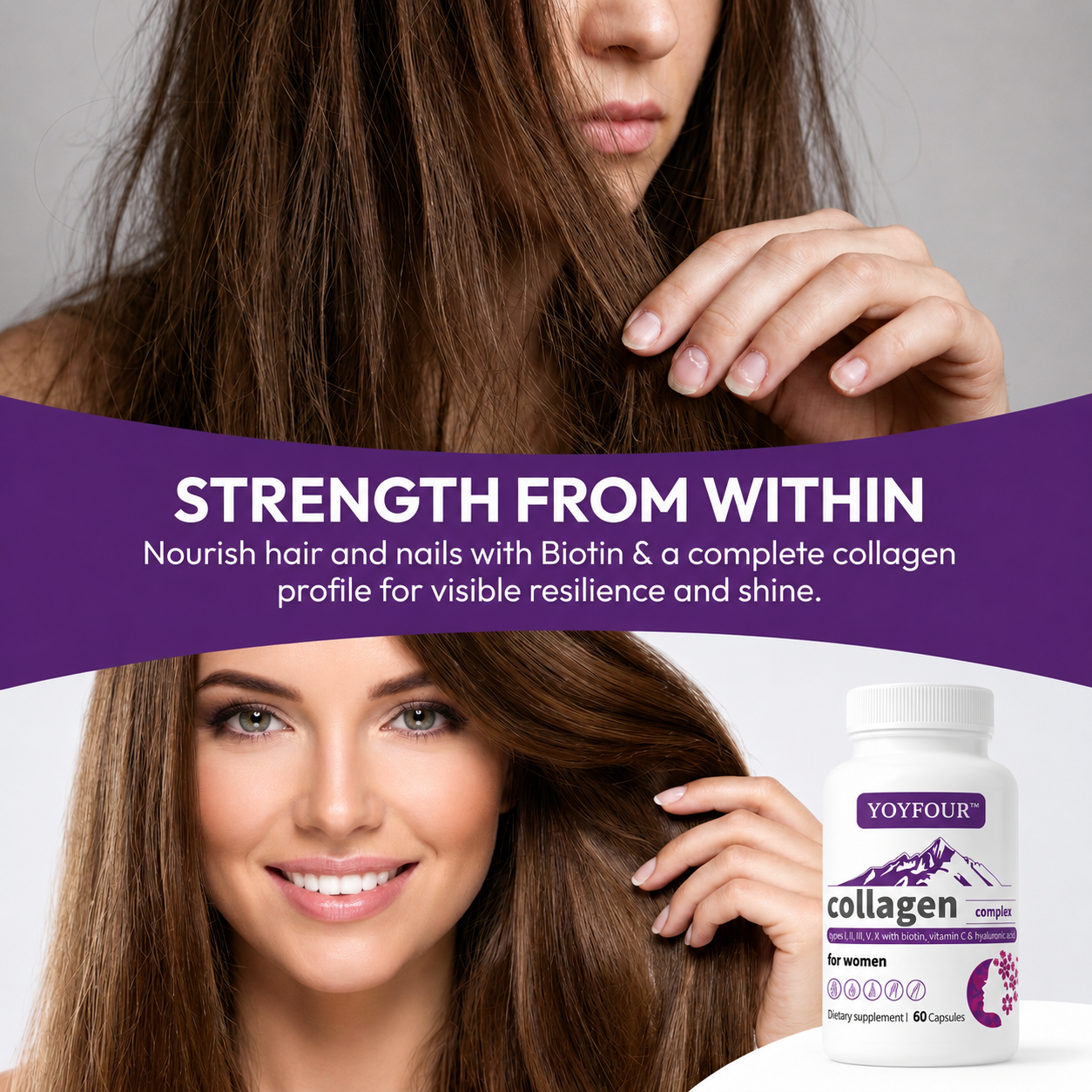 YOY Four Multi-Collagen Capsules for Women & Men – 60 Count | Type I, II, III, V, X Hydrolyzed Collagen Peptides with Biotin, Hyaluronic Acid & Vitamin C | Hair, Skin, Nails, and Joint Support