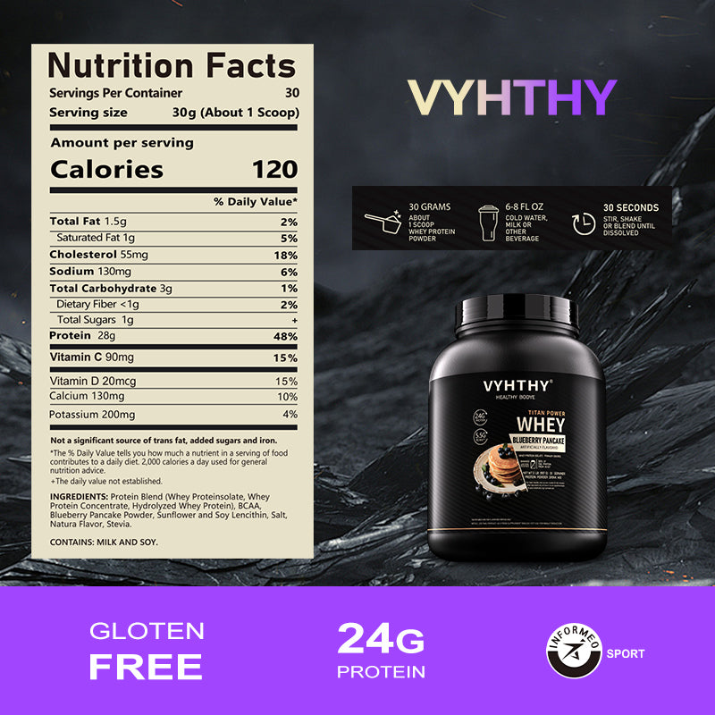 VYHTHY Blueberry Pancake Flavored Whey Protein Powder - 24g Protein per Serving - Suitable for pre- and Post-Workout Supplementation - Low Lactose, Gluten-Free, Natural Flavor (36 oz) - 30 Servings