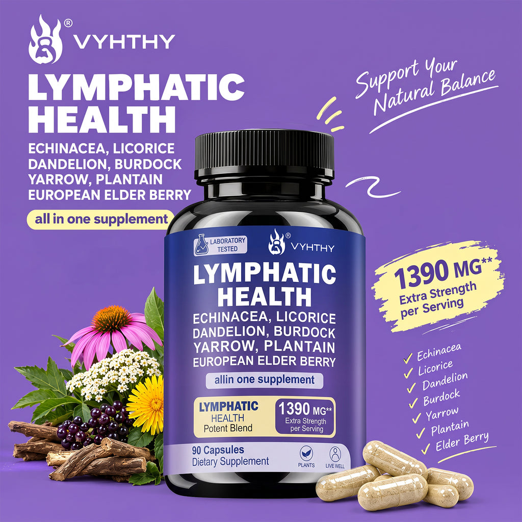 Lymphatic Drainage Support Supplement – 1390mg Herbal Cleanse with Echinacea, Dandelion, Burdock & Elderberry | Immune & Detox Support | 90 Capsules by VYHTHY