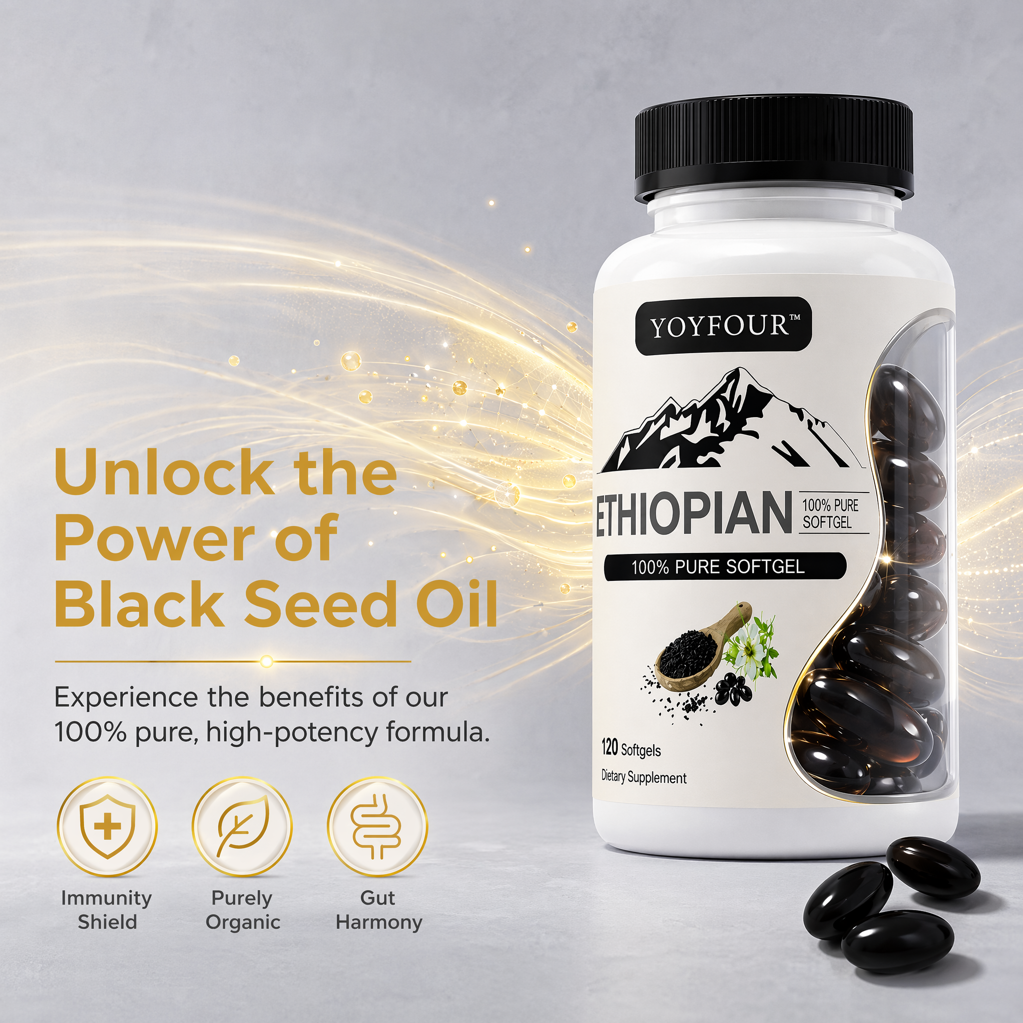 YOYFOUR Ethiopian Black Seed Oil Softgels 800mg Per Serving, 120 Capsules, 100% Pure Organic Nigella Sativa Supplement, Immune System Support, Digestive & Gut Health Balance