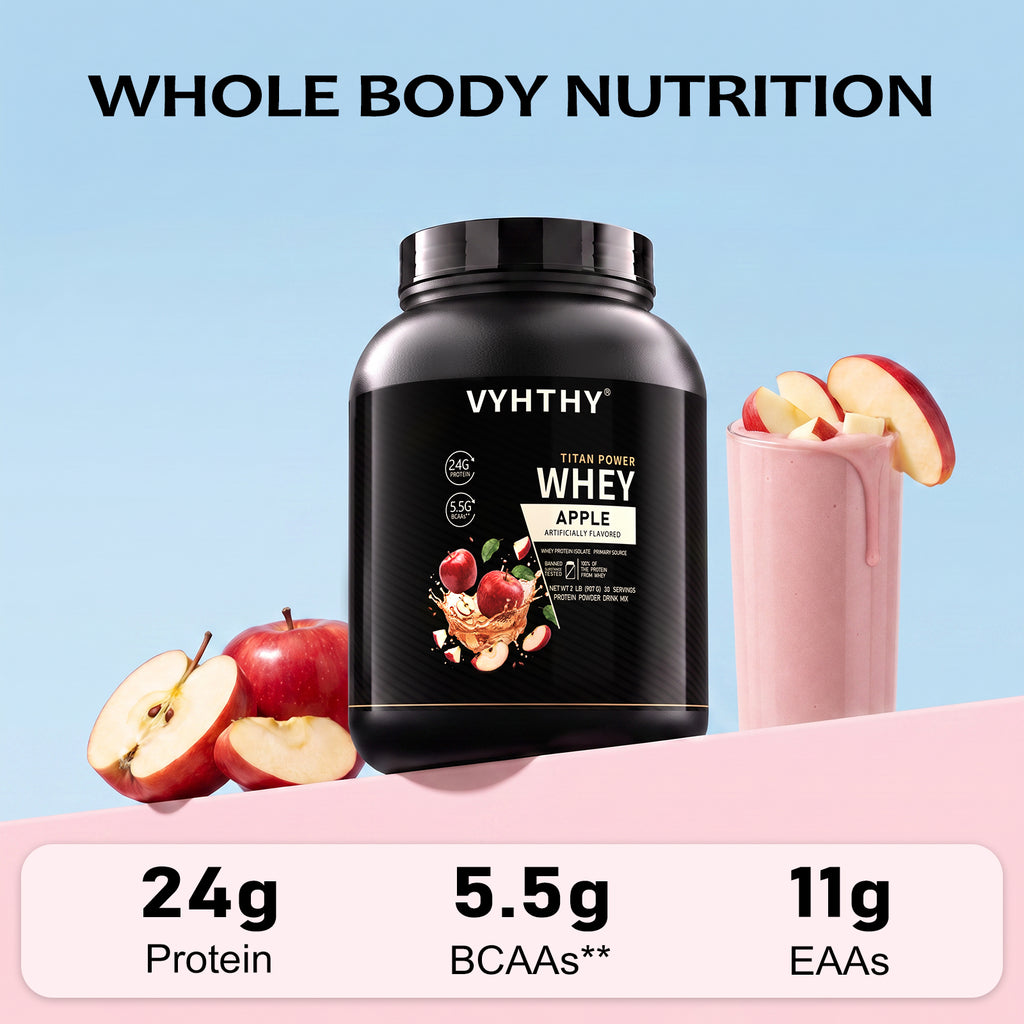 VYHTHY Titan Power Whey Protein Powder – Apple | 24g Protein, 5.5g BCAA, 11g EAA per Scoop | Whey Isolate Primary, Low Carb, No Added Sugar | 2 LB (30 Servings)
