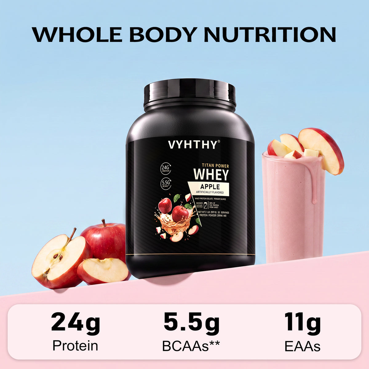 VYHTHY Titan Power Whey Protein Powder – Apple | 24g Protein, 5.5g BCAA, 11g EAA per Scoop | Whey Isolate Primary, Low Carb, No Added Sugar | 2 LB (30 Servings)