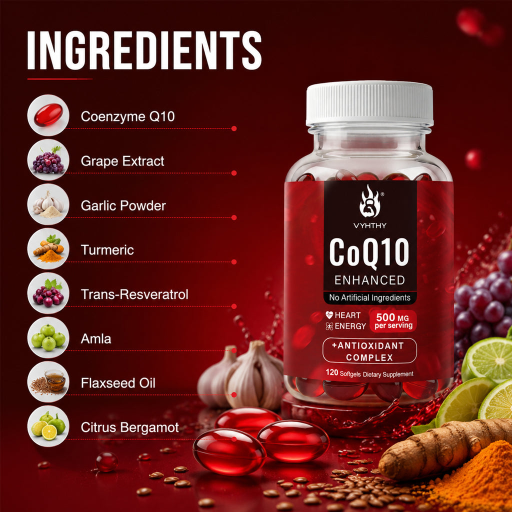VYHTHY High Absorption Ubiquinone CoQ10 500mg Complex Supplement with Bergamot, Trans-Resveratrol, Turmeric Extract | GMP Certified Heart & Cellular Energy Support, 120 Softgels No Artificial Ingredients