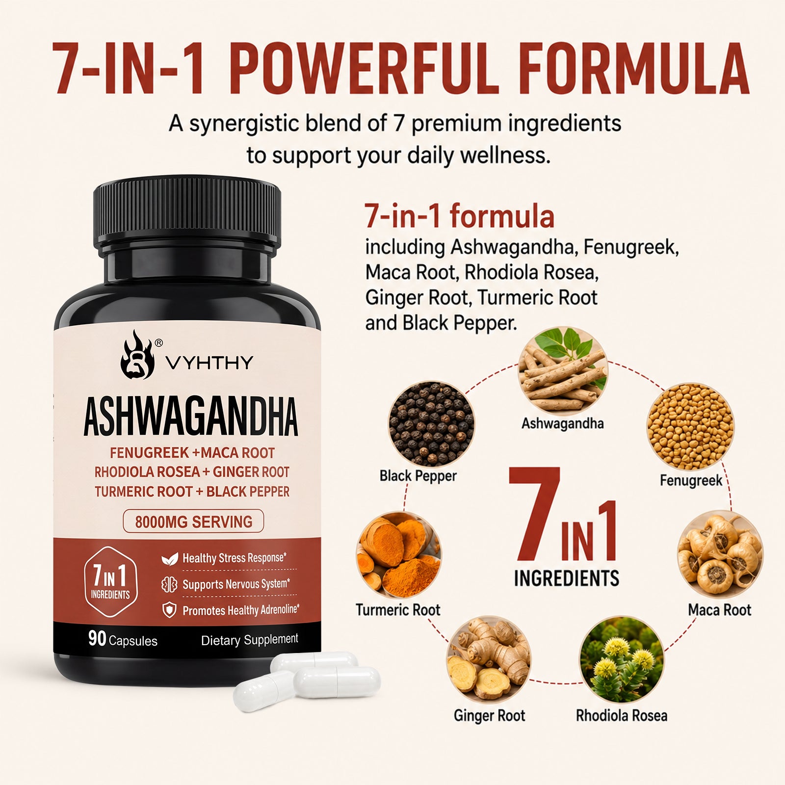 VYHTHY High Potency Ashwagandha Root Extract 7-in-1 Adaptogen Complex, Equivalent 8000MG Per Serving, Natural Stress Relief, Adrenal & Nervous System Support for Men & Women, 90 Vegetarian Capsules