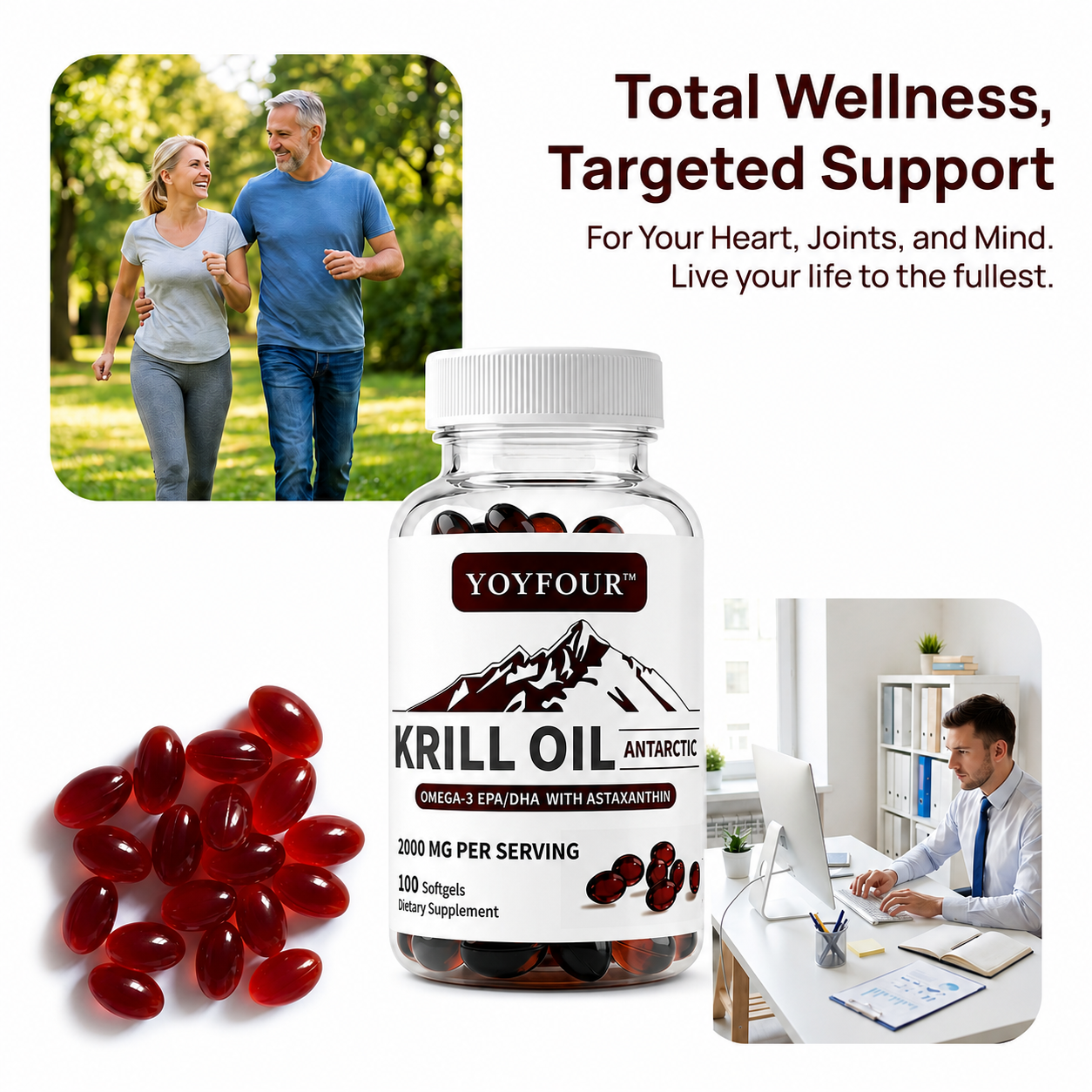 YOY Four Antarctic Krill Oil Softgels 2000mg, Omega-3 EPA DHA with Astaxanthin & Phospholipids, Supports Heart Brain Joint Immune Health for Men Women, 100 Count Dietary Supplement