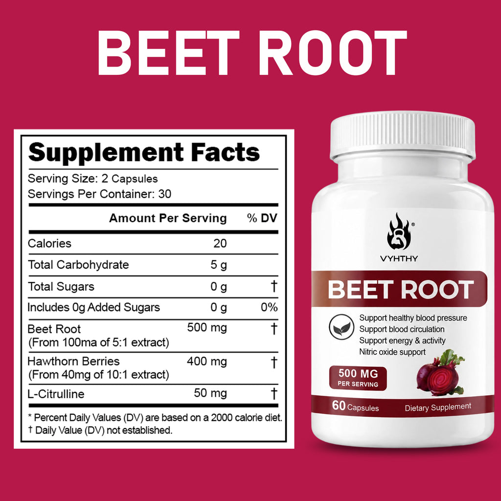 VYHTHY Beet Root Capsules 500mg Per Serving with Hawthorn Berry & L-Citrulline, Nitric Oxide Supplement for Healthy Blood Pressure, Blood Circulation & Natural Energy Support, 60 Capsules