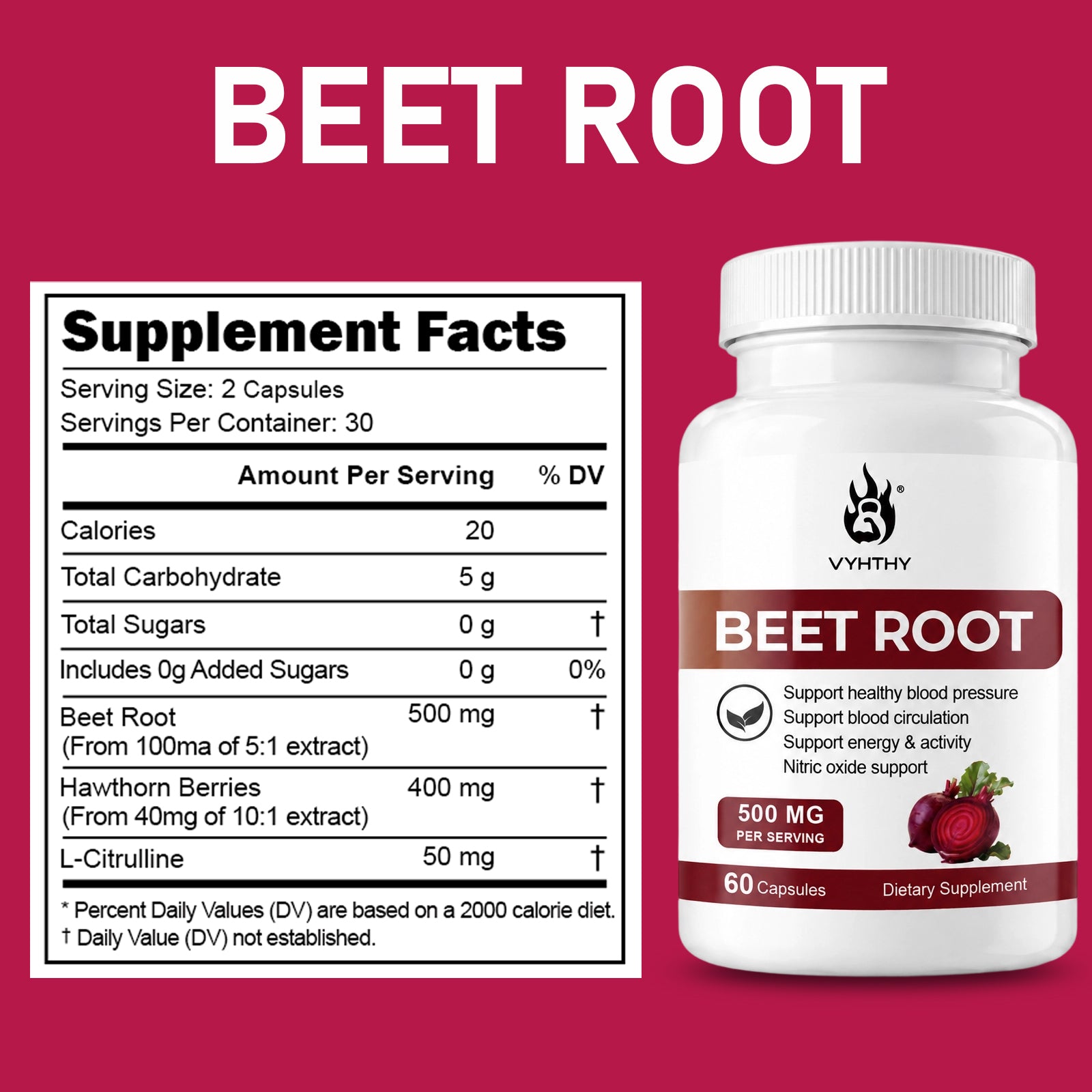 VYHTHY Beet Root Capsules 500mg Per Serving with Hawthorn Berry & L-Citrulline, Nitric Oxide Supplement for Healthy Blood Pressure, Blood Circulation & Natural Energy Support, 60 Capsules