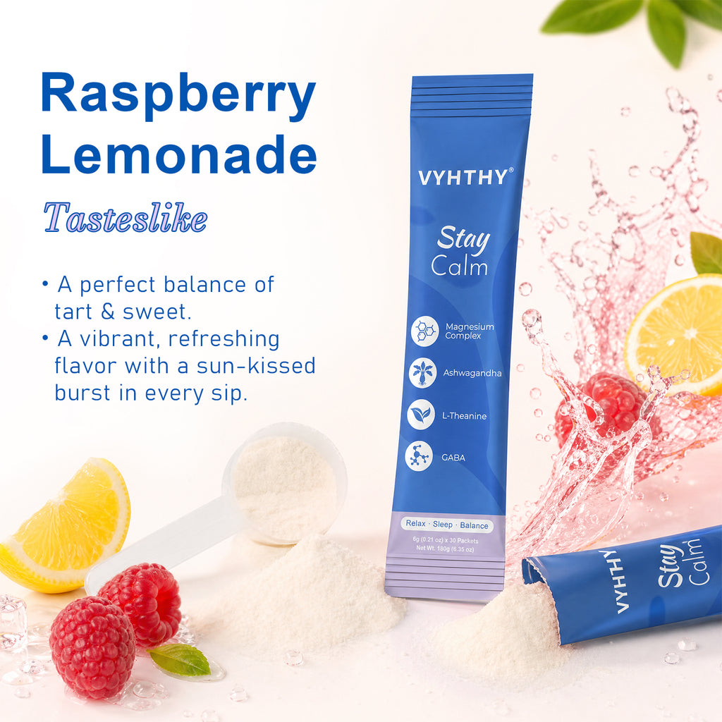 VYHTHY StayCalm Relaxing Drink Mix Powder, Raspberry Lemonade Flavor with Ashwagandha, L-Theanine, GABA & Multi Magnesium Complex, Supports Stress Relief, Calm Mood & Restful Sleep, 30 Individual Packets