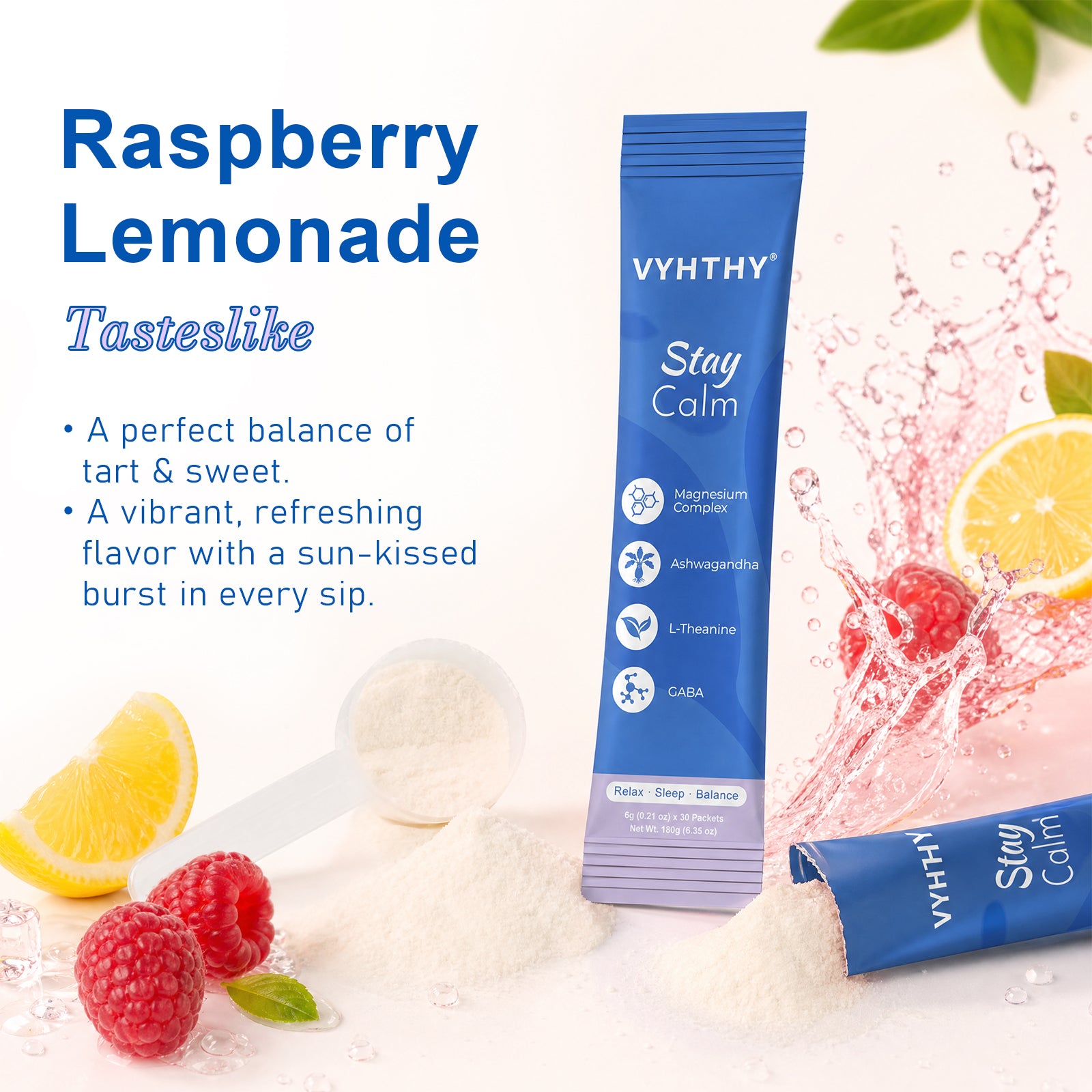 VYHTHY StayCalm Relaxing Drink Mix Powder, Raspberry Lemonade Flavor with Ashwagandha, L-Theanine, GABA & Multi Magnesium Complex, Supports Stress Relief, Calm Mood & Restful Sleep, 30 Individual Packets