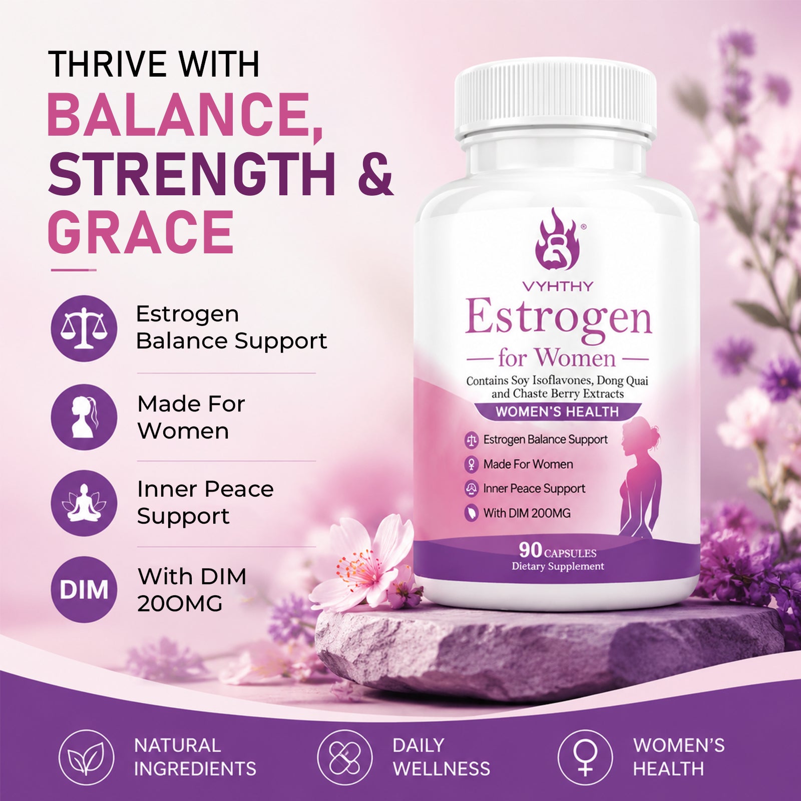 VYHTHY Natural Hormone Balance Estrogen Supplement for Women Over 40 | 200MG DIM Complex with Soy Isoflavones, Dong Quai, Chaste Berry & Norway Spruce, Support Menopause Comfort, Stable Mood & Daily Vitality, 90 Vegetarian Capsules