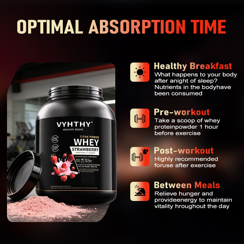 VYHTHY Strawberry Flavored Whey Protein Powder - 24g Protein per Serving - Suitable for pre- and Post-Workout Supplementation - Low Lactose, Gluten-Free, Natural Flavor (56 oz) - 52 Servings