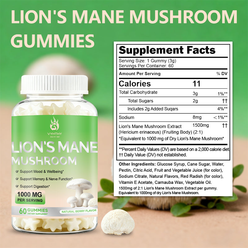 VYHTHY Mushroom Gummies, Natural Berry Flavor - Mushroom Supplement Gummies For Adults And Children Support Brain Health, Cognitive Function, Focus, Memory, And Mood, 60 Servings