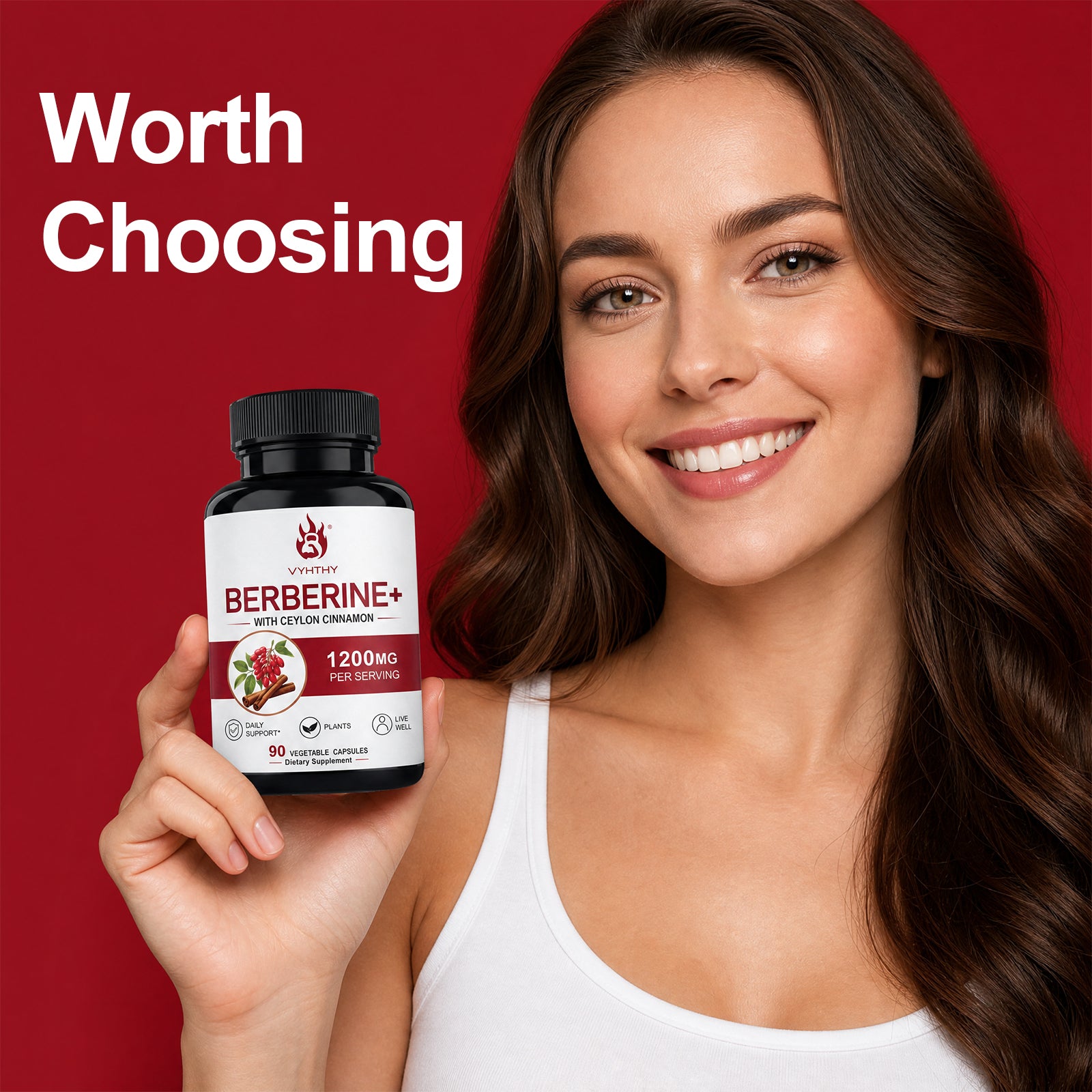 VYHTHY High Potency Berberine HCl 1200mg Complex with True Ceylon Cinnamon Extract, Natural Support for Gut Health, Microbial Balance & Cognitive Function, Easy-Swallow Vegetarian Capsules 90 Count