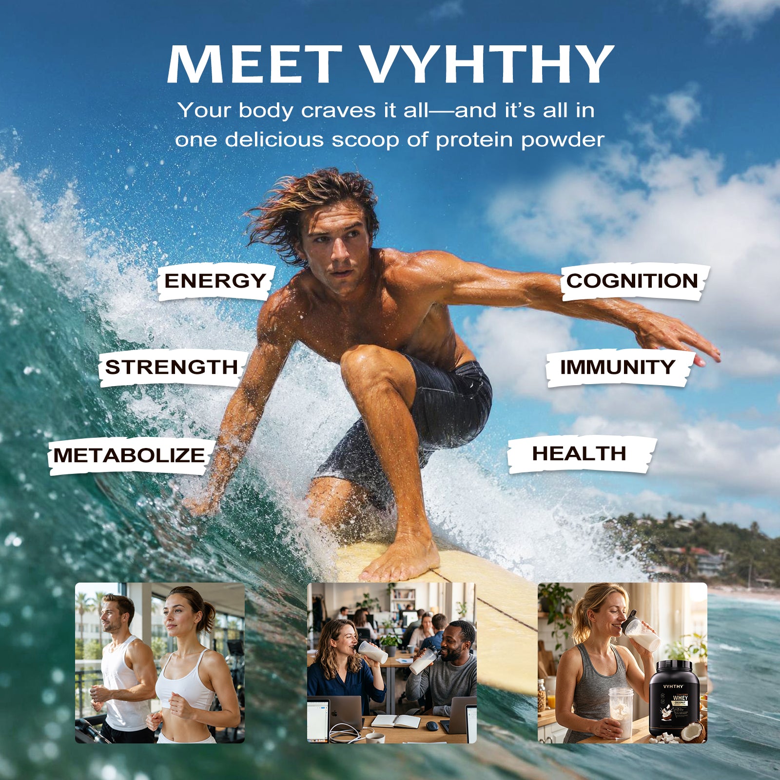 VYHTHY Titan Power Coconut Whey Protein Powder, 24g Protein & 5.5g BCAAs Per Scoop, Zero Added Sugar Post-Workout Muscle Recovery Supplement, 2LB 30 Servings Tub