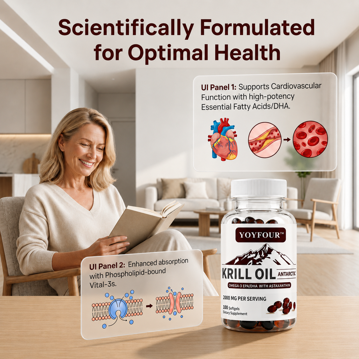 YOY Four Antarctic Krill Oil Softgels 2000mg, Omega-3 EPA DHA with Astaxanthin & Phospholipids, Supports Heart Brain Joint Immune Health for Men Women, 100 Count Dietary Supplement