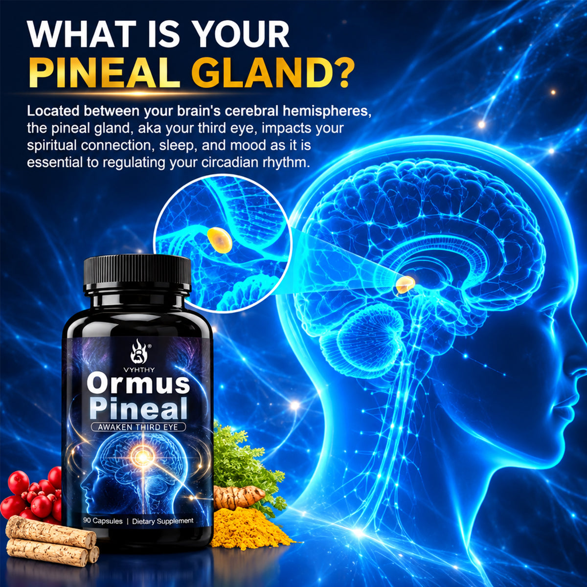 Ormus Pineal Gland Supplement – Third Eye Awakening & Pineal Decalcification Support | Spiritual Clarity, Intuition & Focus | 90 Capsules by VYHTHY