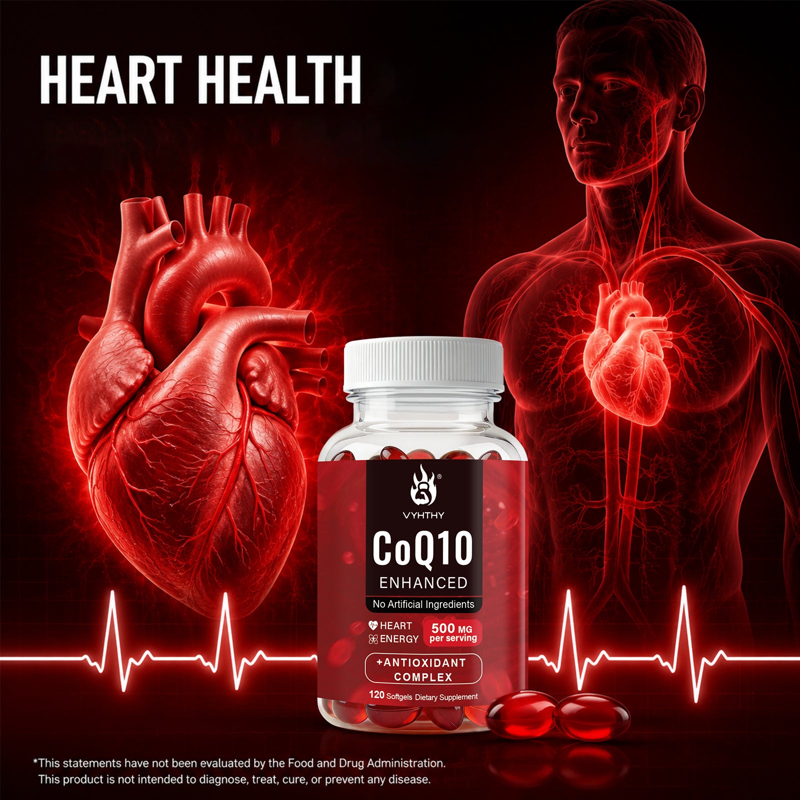 VYHTHY High Absorption Ubiquinone CoQ10 500mg Complex Supplement with Bergamot, Trans-Resveratrol, Turmeric Extract | GMP Certified Heart & Cellular Energy Support, 120 Softgels No Artificial Ingredients