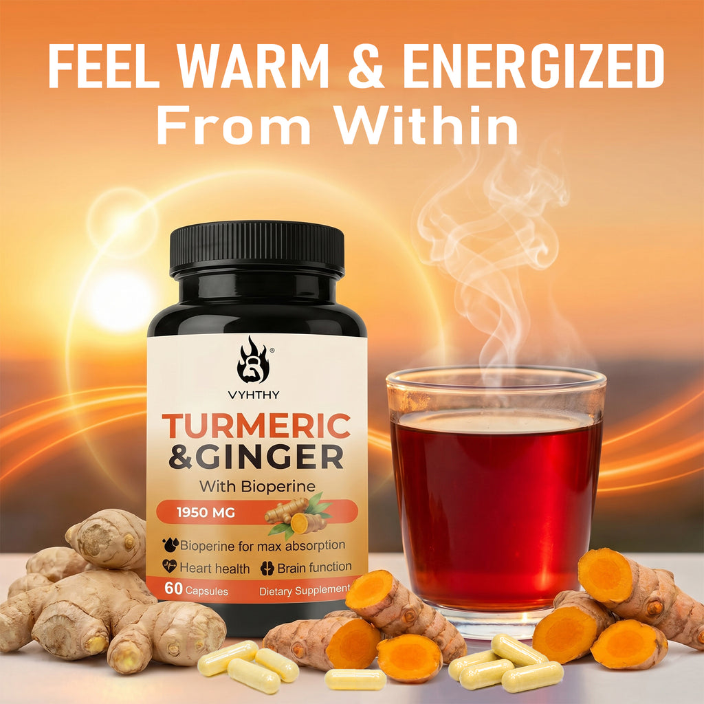 VYHTHY Turmeric Ginger Supplement with Bioperine, 1950mg Per Serving, 95% Curcuminoids Extract, Supports Joint Comfort, Heart & Brain Health, Immune Support, Easy-to-Swallow Vegan Capsules, 60 Count