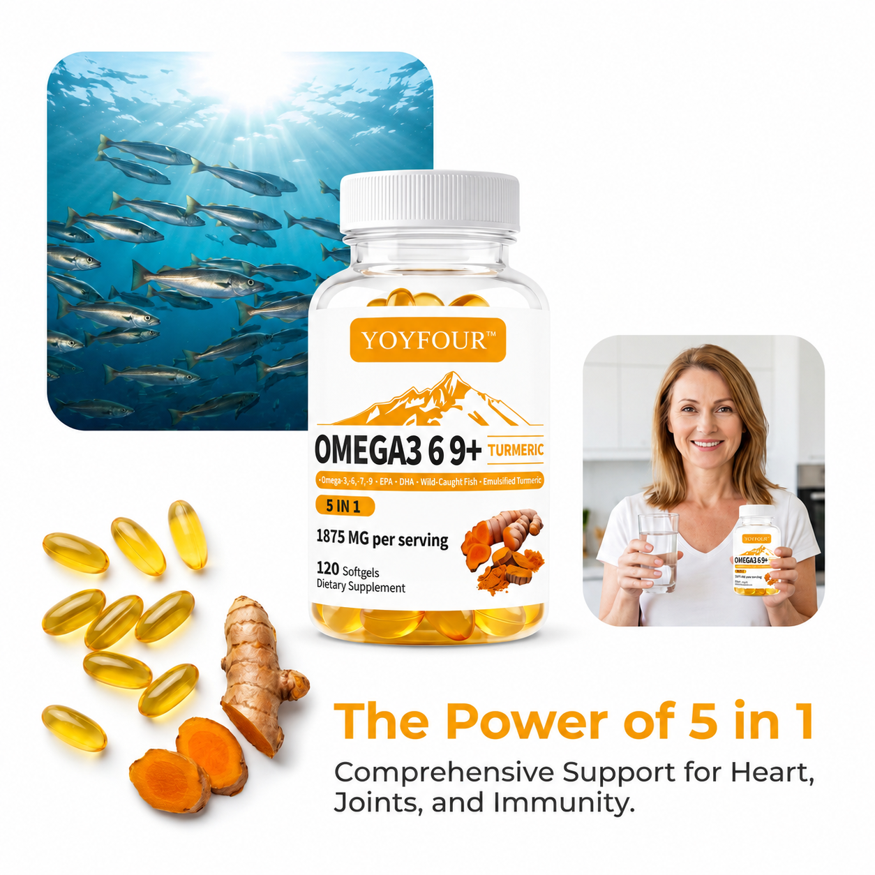 YOY Four  Dietary food supplements 120 Softgels, Triple Omega 3 6 9 Supplement with Turmeric, Curcumin, DHA & EPA, Fish Oil Supplement for Brain & Heart Health and Joint Support, Advanced Absorption