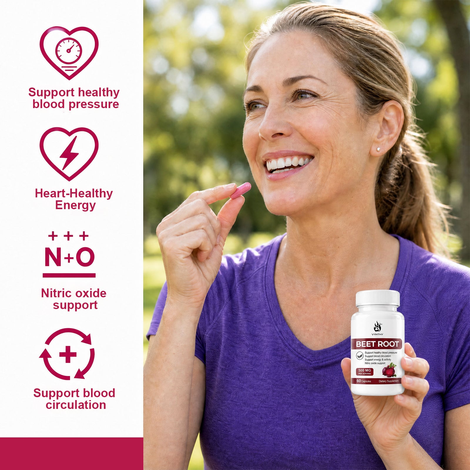VYHTHY Beet Root Capsules 500mg Per Serving with Hawthorn Berry & L-Citrulline, Nitric Oxide Supplement for Healthy Blood Pressure, Blood Circulation & Natural Energy Support, 60 Capsules