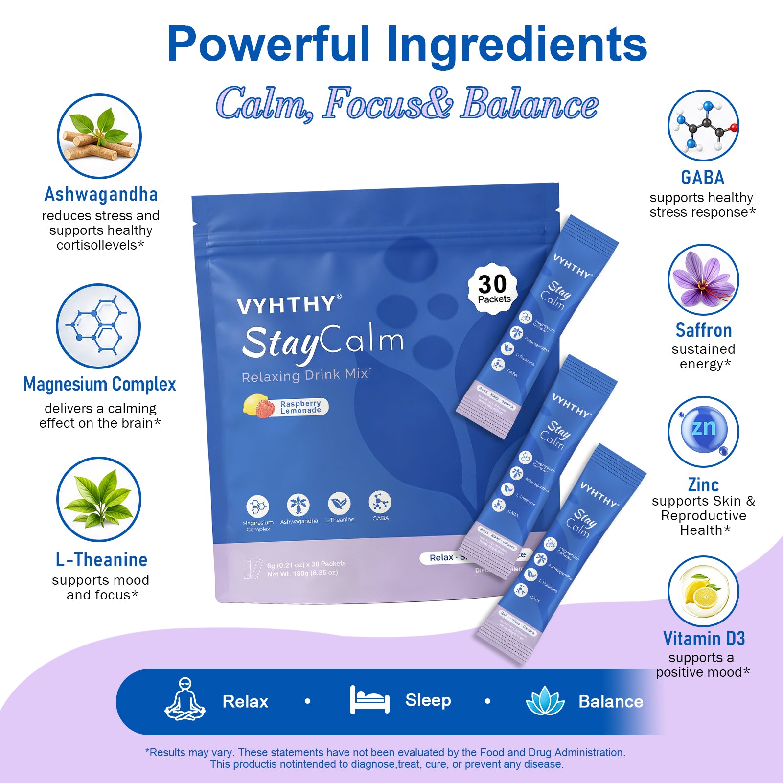 VYHTHY StayCalm Relaxing Drink Mix Powder, Raspberry Lemonade Flavor with Ashwagandha, L-Theanine, GABA & Multi Magnesium Complex, Supports Stress Relief, Calm Mood & Restful Sleep, 30 Individual Packets