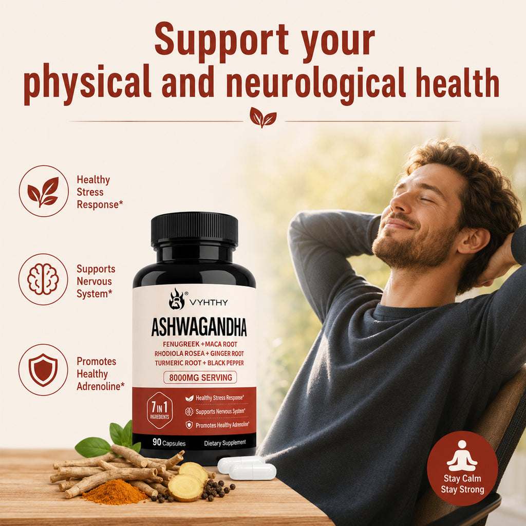 VYHTHY High Potency Ashwagandha Root Extract 7-in-1 Adaptogen Complex, Equivalent 8000MG Per Serving, Natural Stress Relief, Adrenal & Nervous System Support for Men & Women, 90 Vegetarian Capsules
