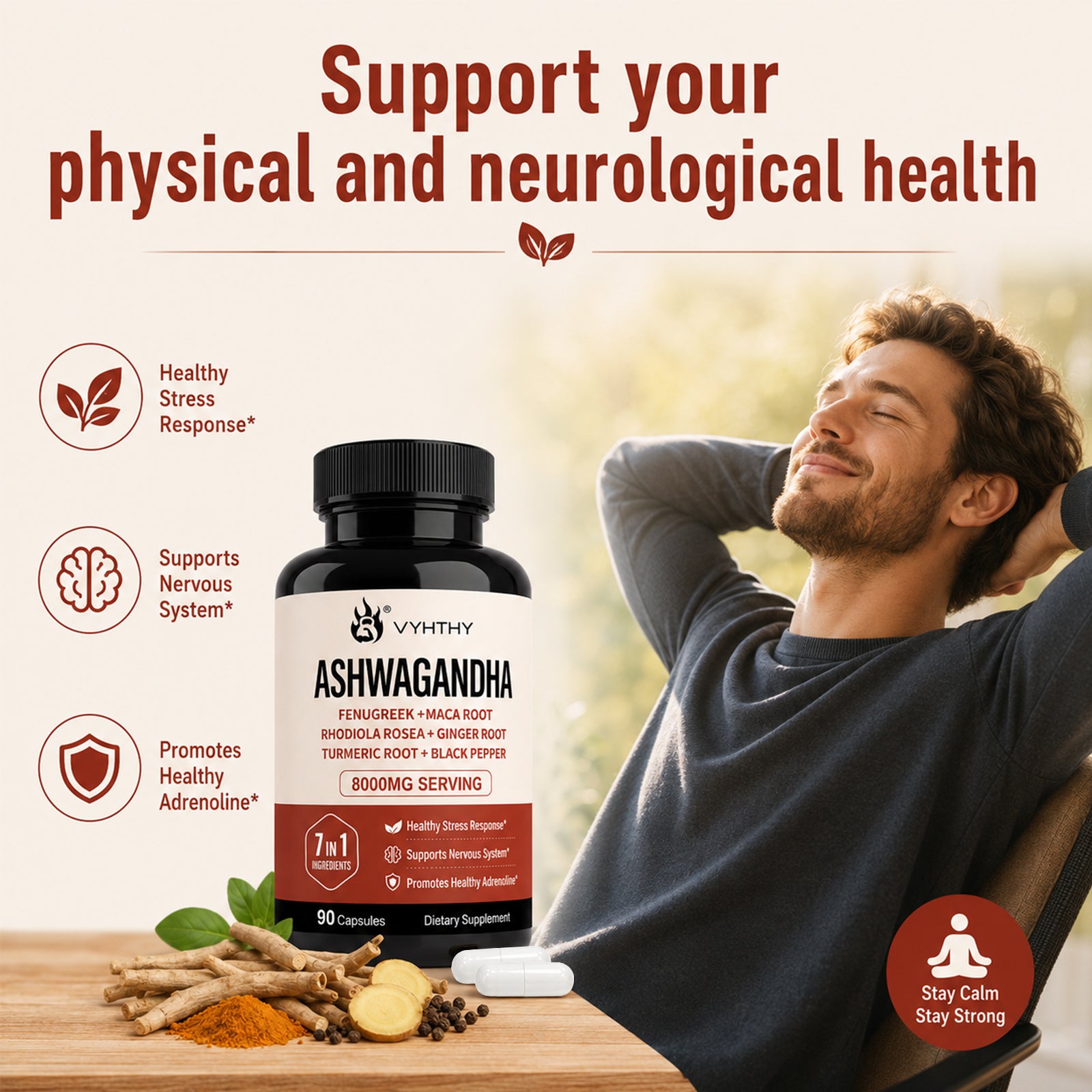 VYHTHY High Potency Ashwagandha Root Extract 7-in-1 Adaptogen Complex, Equivalent 8000MG Per Serving, Natural Stress Relief, Adrenal & Nervous System Support for Men & Women, 90 Vegetarian Capsules