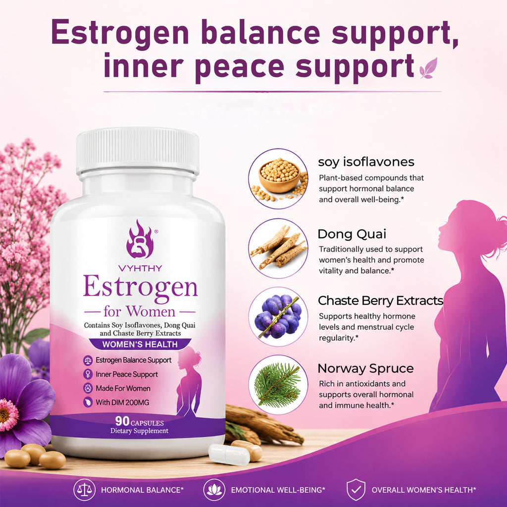 VYHTHY Natural Hormone Balance Estrogen Supplement for Women Over 40 | 200MG DIM Complex with Soy Isoflavones, Dong Quai, Chaste Berry & Norway Spruce, Support Menopause Comfort, Stable Mood & Daily Vitality, 90 Vegetarian Capsules