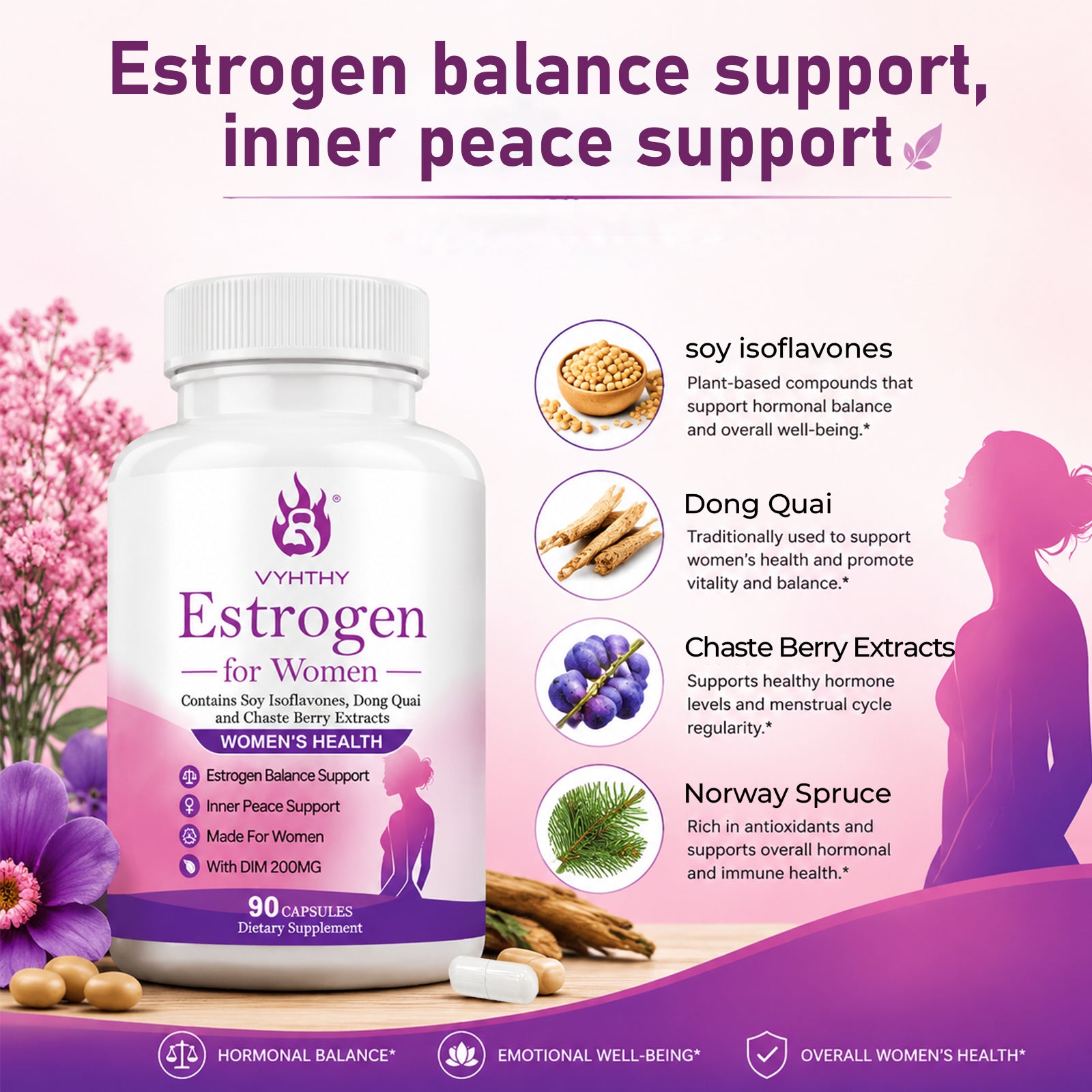 VYHTHY Natural Hormone Balance Estrogen Supplement for Women Over 40 | 200MG DIM Complex with Soy Isoflavones, Dong Quai, Chaste Berry & Norway Spruce, Support Menopause Comfort, Stable Mood & Daily Vitality, 90 Vegetarian Capsules