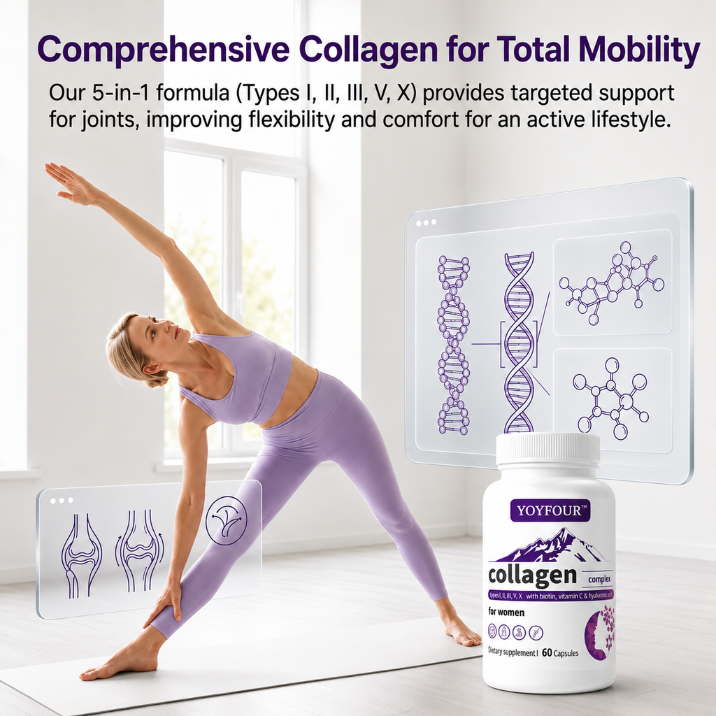 YOY Four Multi-Collagen Capsules for Women & Men – 60 Count | Type I, II, III, V, X Hydrolyzed Collagen Peptides with Biotin, Hyaluronic Acid & Vitamin C | Hair, Skin, Nails, and Joint Support