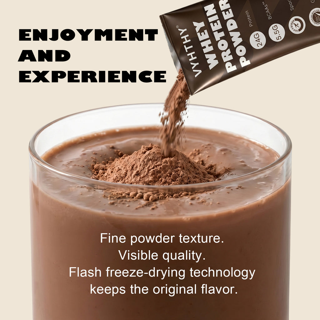 VYHTHY Chocolate Whey Protein Powder Single Serve Packets, 24g Protein & 5.5g BCAAs Per Packet, Zero Added Sugar Portable Post-Workout Muscle Recovery Supplement, 14 Individual Packets Per Bag