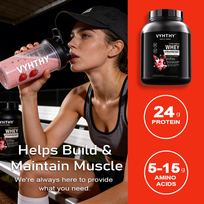 VYHTHY Strawberry Flavored Whey Protein Powder - 24g Protein per Serving - Suitable for pre- and Post-Workout Supplementation - Low Lactose, Gluten-Free, Natural Flavor (36 oz) - 30 Servings