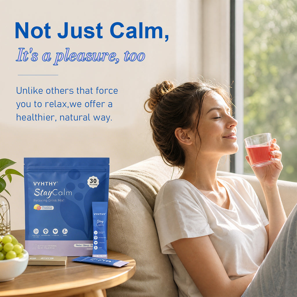 VYHTHY StayCalm Relaxing Drink Mix Powder, Raspberry Lemonade Flavor with Ashwagandha, L-Theanine, GABA & Multi Magnesium Complex, Supports Stress Relief, Calm Mood & Restful Sleep, 30 Individual Packets