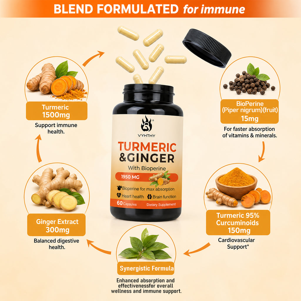VYHTHY Turmeric Ginger Supplement with Bioperine, 1950mg Per Serving, 95% Curcuminoids Extract, Supports Joint Comfort, Heart & Brain Health, Immune Support, Easy-to-Swallow Vegan Capsules, 60 Count