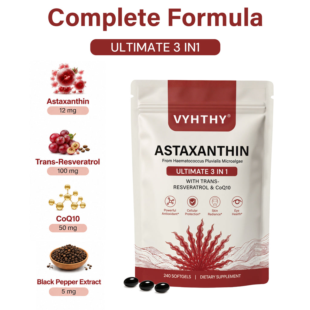 VYHTHY High Strength Natural Astaxanthin 12mg Softgels Blended with Trans-Resveratrol & CoQ10, Super Antioxidant Stronger Than Vitamin C/E, Support Eye Comfort, Skin Glow & Longevity, 240 Easy Absorb Softgels