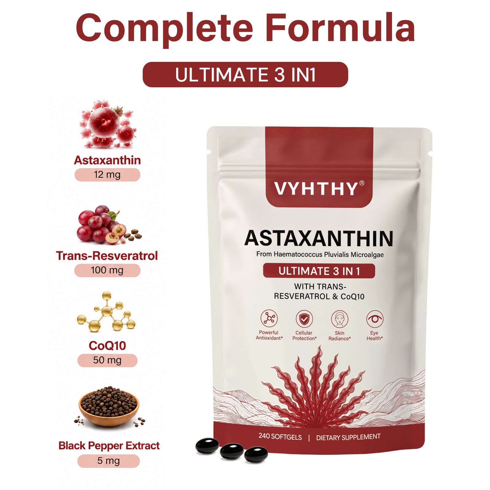VYHTHY High Strength Natural Astaxanthin 12mg Softgels Blended with Trans-Resveratrol & CoQ10, Super Antioxidant Stronger Than Vitamin C/E, Support Eye Comfort, Skin Glow & Longevity, 240 Easy Absorb Softgels