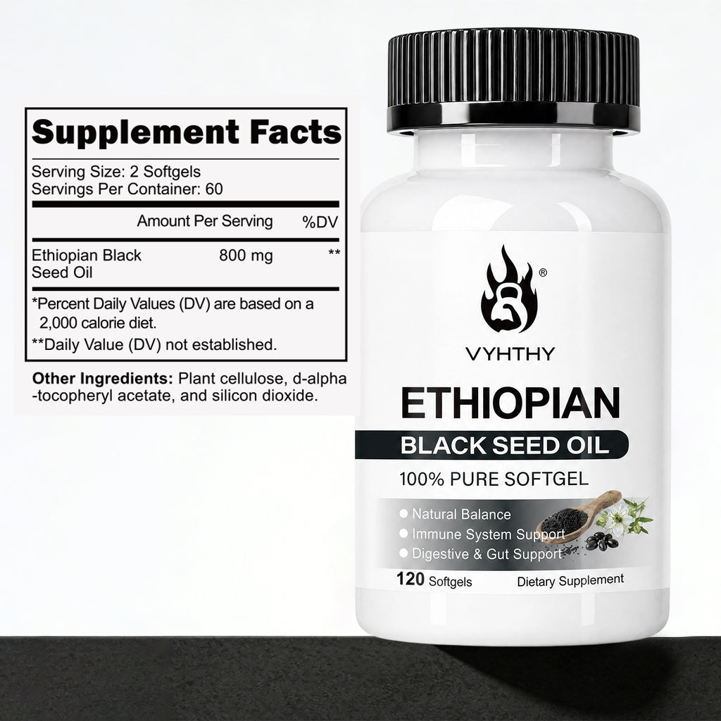 VYHTHY Ethiopian Black Seed Oil Softgels, Cold Pressed 100% Pure Nigella Sativa Supplement, Support Immune, Digestive Gut Health, Healthy Hair Skin & Nails, Non-GMO Gluten Free, 120 Softgels