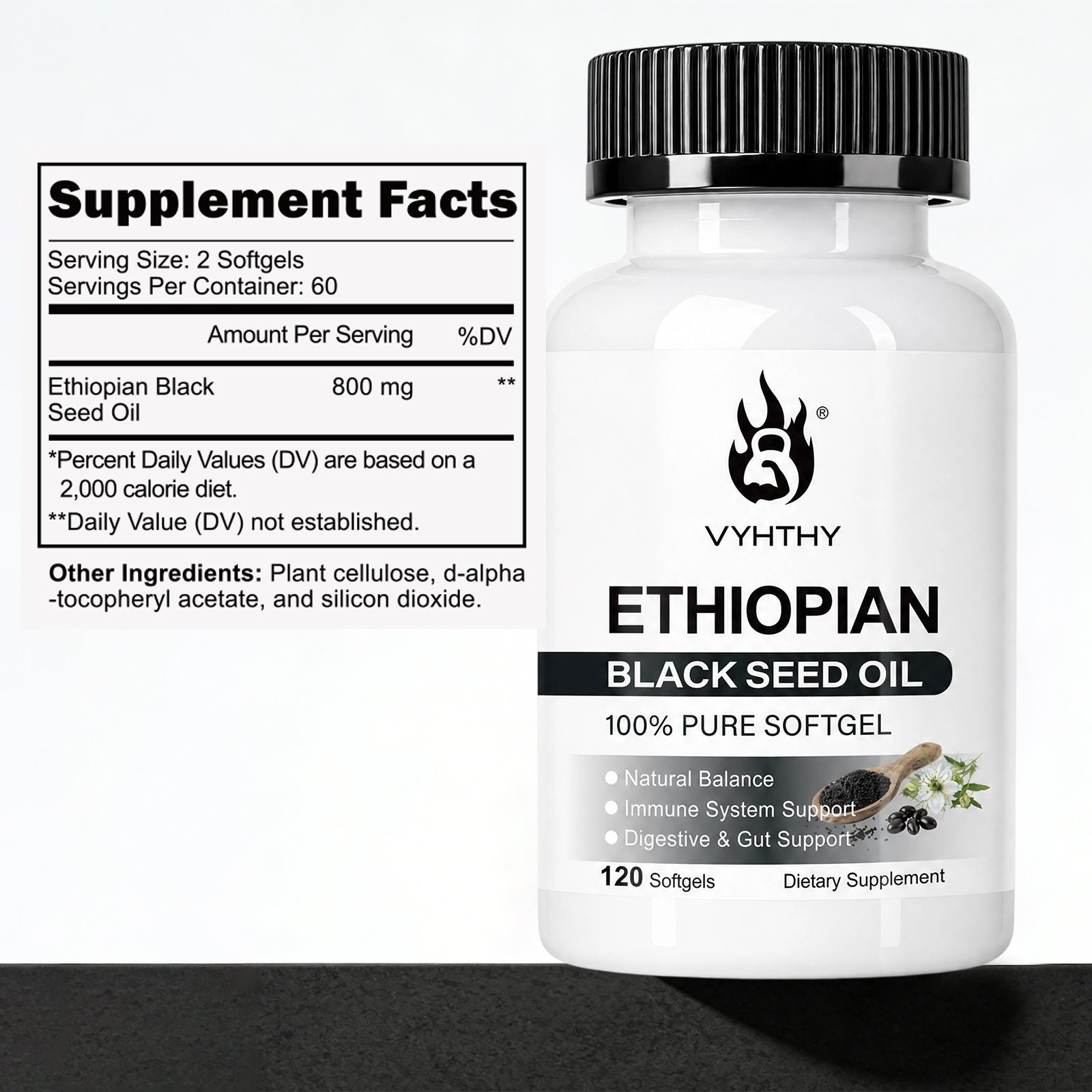 VYHTHY Ethiopian Black Seed Oil Softgels, Cold Pressed 100% Pure Nigella Sativa Supplement, Support Immune, Digestive Gut Health, Healthy Hair Skin & Nails, Non-GMO Gluten Free, 120 Softgels