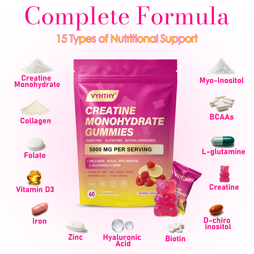 Vyhthy CurveBoost Creatine Gummies for Women, 5000mg Creatine Monohydrate, Raspberry Lemon Flavor, 8-in-1 Supplement with BCAAs Collagen Inositol Iron Zinc Vitamin D3, Sugar Free Vegan