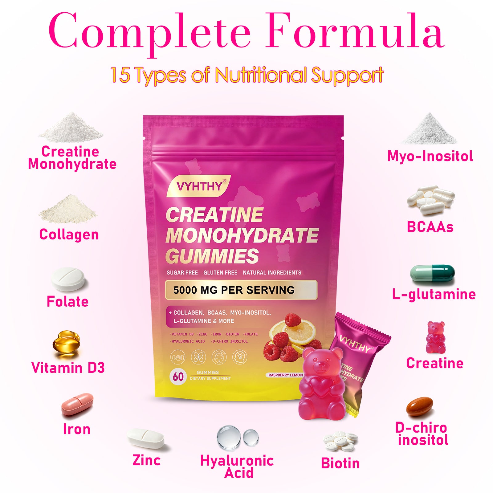 Vyhthy CurveBoost Creatine Gummies for Women, 5000mg Creatine Monohydrate, Raspberry Lemon Flavor, 8-in-1 Supplement with BCAAs Collagen Inositol Iron Zinc Vitamin D3, Sugar Free Vegan