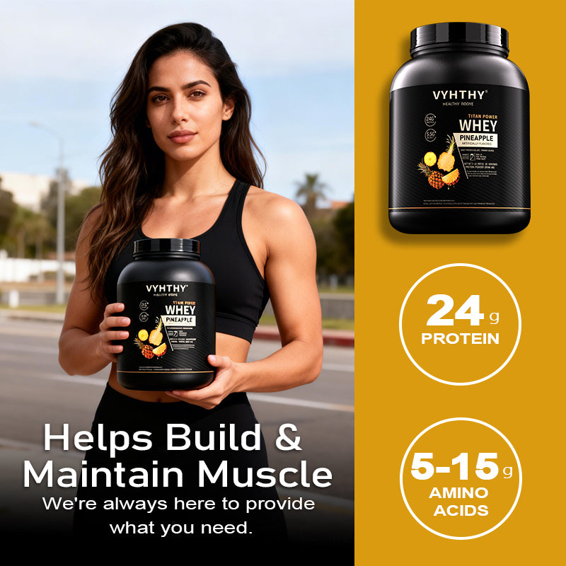 VYHTHY Pineapple Flavored Whey Protein Powder - 24g Protein per Serving - 5.5g branched-Chain Amino acids, Less Than 120 Calories, Gluten-Free, Low-Sugar Protein, (36 oz) - 30 Servings