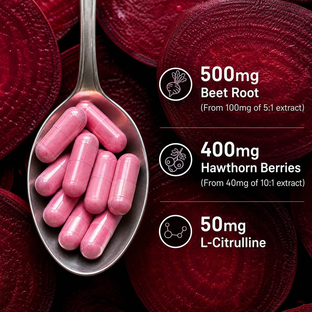 VYHTHY Beet Root Capsules 500mg Per Serving with Hawthorn Berry & L-Citrulline, Nitric Oxide Supplement for Healthy Blood Pressure, Blood Circulation & Natural Energy Support, 60 Capsules