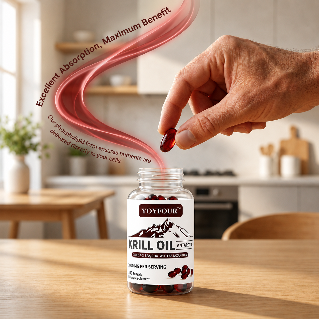 YOY Four Antarctic Krill Oil Softgels 2000mg, Omega-3 EPA DHA with Astaxanthin & Phospholipids, Supports Heart Brain Joint Immune Health for Men Women, 100 Count Dietary Supplement