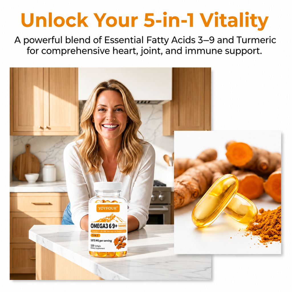 YOY Four  Dietary food supplements 120 Softgels, Triple Omega 3 6 9 Supplement with Turmeric, Curcumin, DHA & EPA, Fish Oil Supplement for Brain & Heart Health and Joint Support, Advanced Absorption